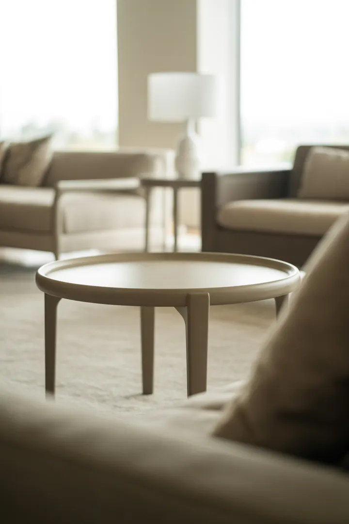 Runder Beistelltisch als kompakte Ablage in engen Wohnbereichen mit wenig Stoßkanten.