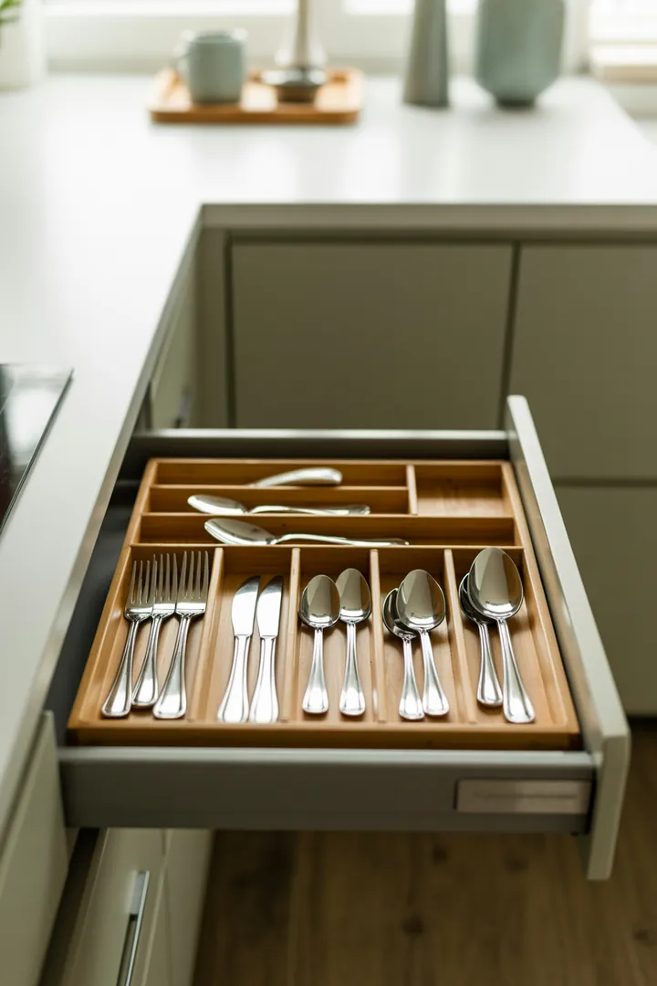 Besteckkasten als Schubladen-Ordnungsbasis, funktioniert nur mit passendem Maß und Fachgrößen, damit nichts wackelt und Krümel leicht entfernt werden können.