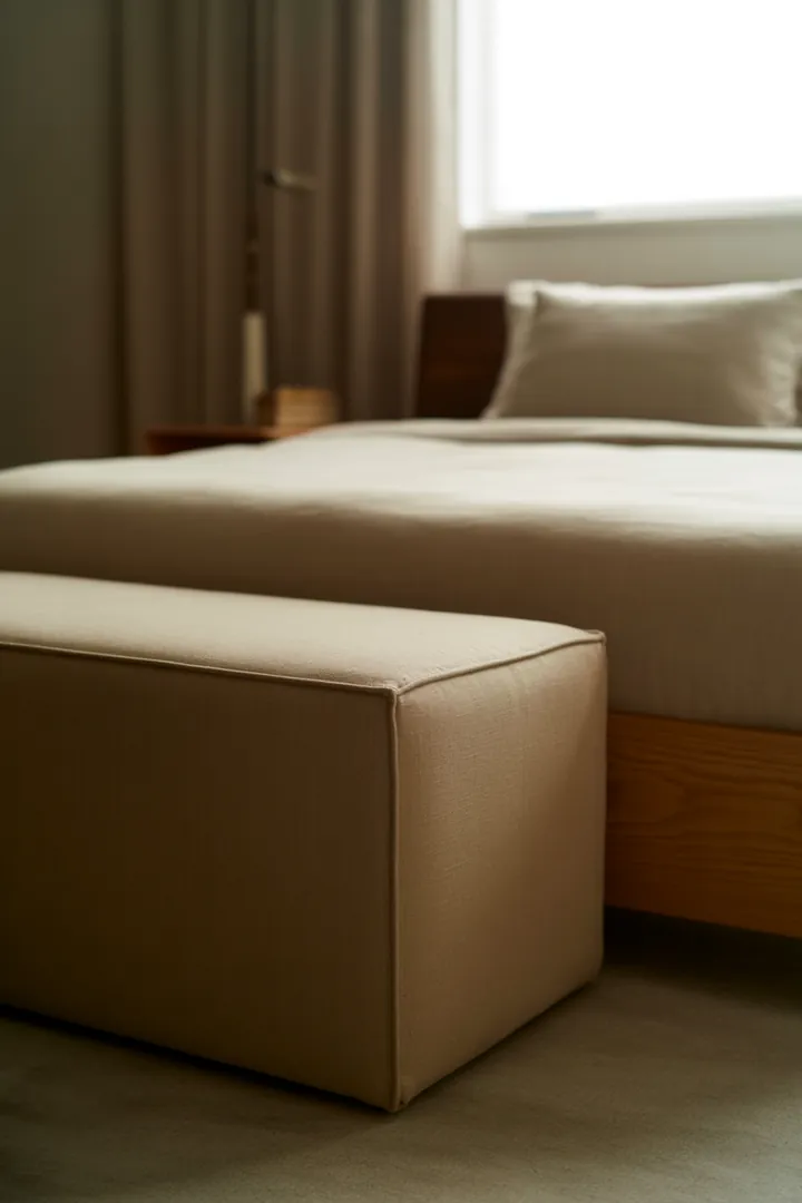 Bettbank als Sitz- und Ablagefläche am Bettende, hilfreich zum Anziehen und um Kleidung geordnet zwischenzuparken statt auf dem Boden.