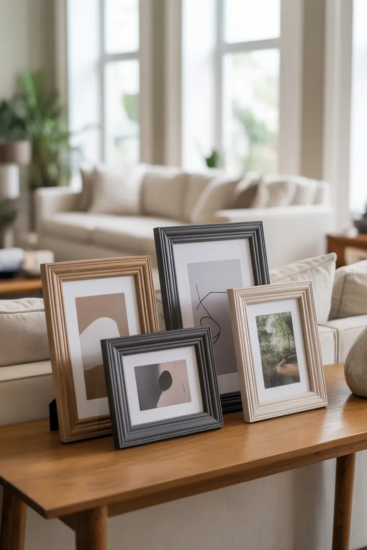 Bilderrahmen-Set für eine ruhige, schnelle Bilderwand, mit einheitlichem Look und konstanten Abständen, passend zur Möbelbreite darunter.