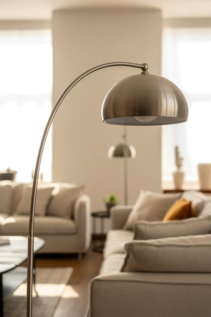 Bogenlampe als Licht über Sofa oder Tisch ohne Deckenmontage, mit seitlichem Standfuß und blendfreiem Schirm zur Zonierung.