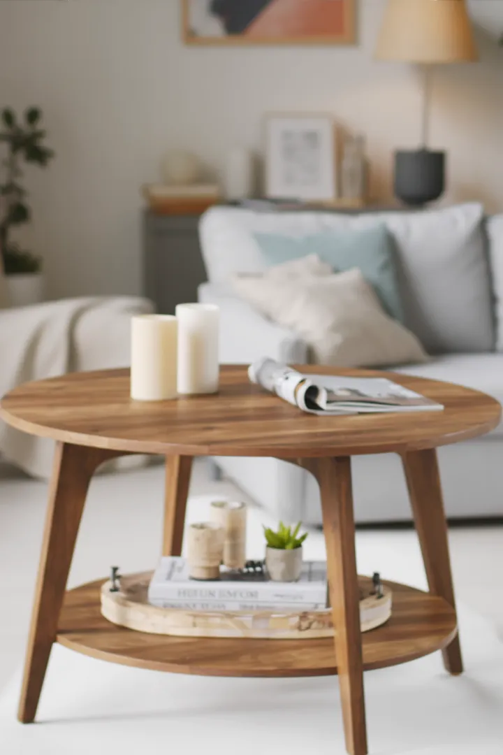 Runder Couchtisch in der Sitzecke, der Laufwege entspannt und Stoßkanten reduziert.