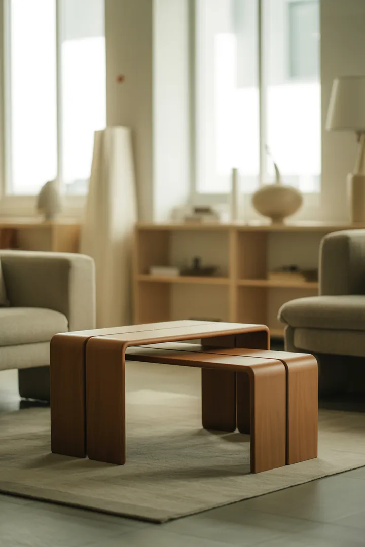 Couchtisch-Set mit mehreren kleinen Tischen, das sich flexibel umstellen und platzsparend zusammenschieben lässt.