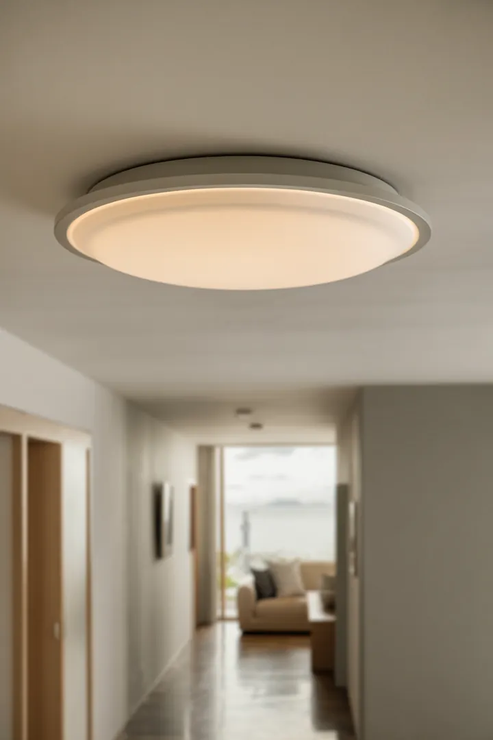 Flache Deckenleuchte für niedrige Decken und enge Bereiche, liefert gleichmäßiges, blendarmes Licht ohne aufzutragen.