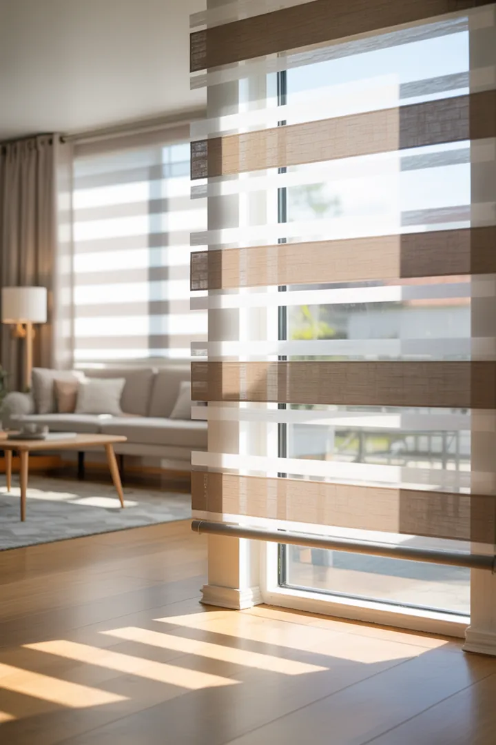 Doppelrollo als Tag-Nacht-Lösung mit Streifen, um Licht und Privatsphäre schnell zu steuern, funktional und platzsparend am Fenster.