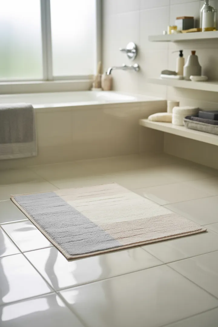 Duschvorleger als saugfähiger Vorleger direkt vor der Dusche, rutschfest und schnell trocknend, damit das Bad trockener und sicherer bleibt.