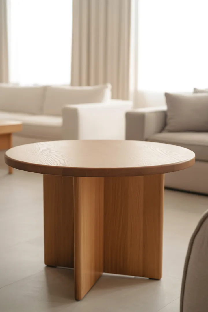 Runder Esstisch im Essbereich, der Laufwege erleichtert und Gespräche am Tisch unterstützt.