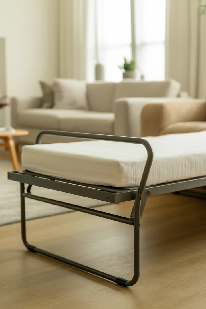 Klappbares Gästebett als platzsparende Übernachtungslösung, die nach dem Besuch schnell verstaut werden kann.