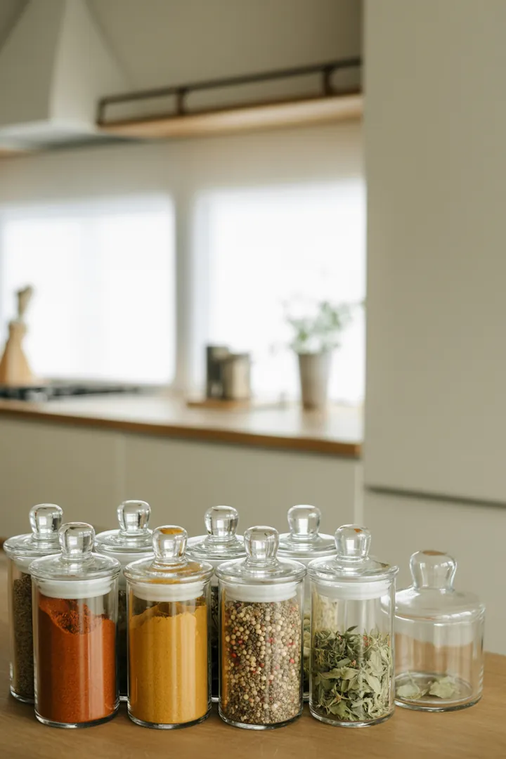 Gewürzgläser als einheitliches System für Übersicht und schnelleres Kochen, wirksam nur mit klarer Beschriftung und dicht schließenden Deckeln gegen Aromaverlust.