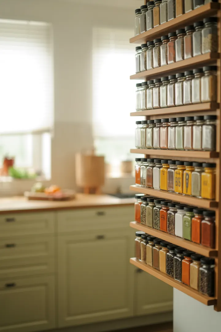 Gewürzregal als Griffbereit-Lösung nahe der Kochzone, spart Suchzeit und Chaos, wenn Gläser stabil stehen und Beschriftung die Ordnung sichert.