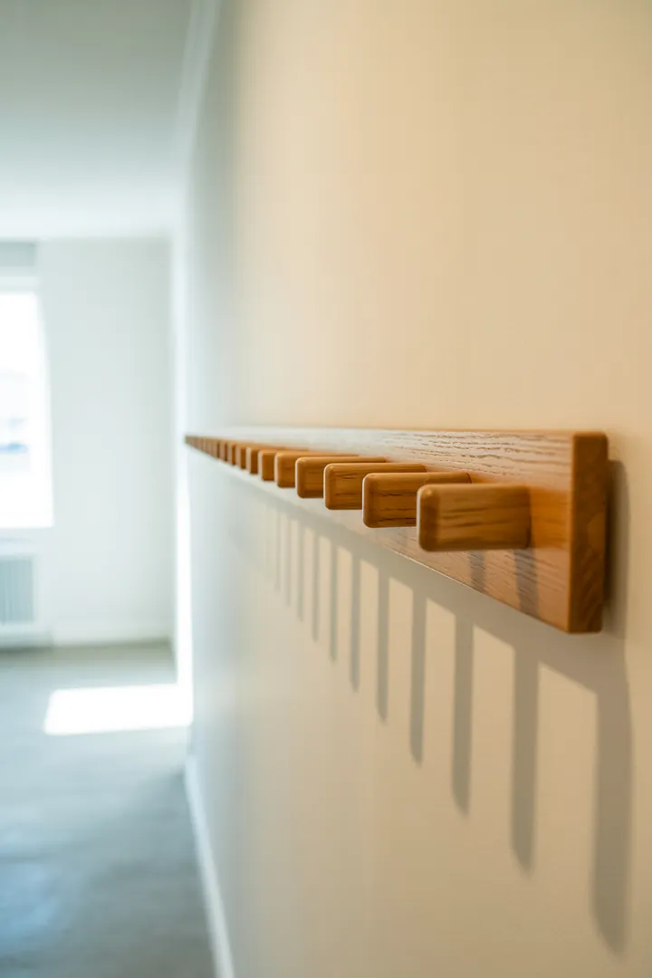 Hakenleiste als platzsparende Wandlösung, um Jacken und Taschen ordentlich aufzuhängen und den Flur frei zu halten.