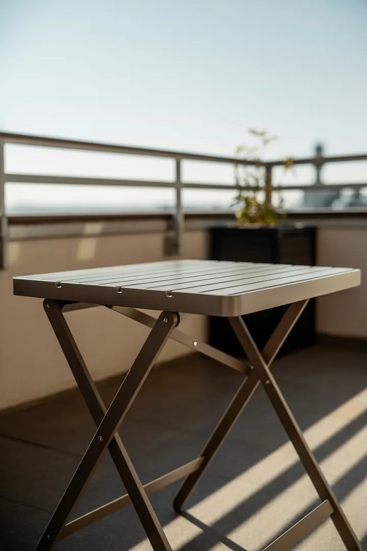 Klapptisch für den Balkon als wetterfeste, platzsparende Ablage- und Essfläche für wenig Platz.
