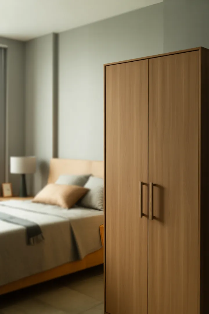 Kleiderschrank als staubgeschützter Hauptstauraum für Kleidung, mit sinnvoller Innenaufteilung für Bügel und Fächer.