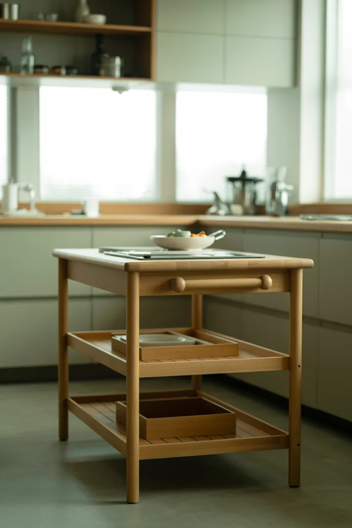 Küchenwagen als mobile Zusatzfläche und Stauraum, funktioniert nur gut mit feststellbaren Rollen und einer Breite, die durch Ihre Küchenwege passt.