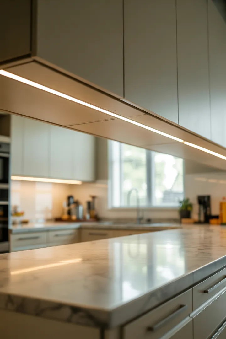 LED-Leiste in der Küche als flächiges Arbeitslicht, das Schatten reduziert und wischfest genug für den Küchenalltag ist.