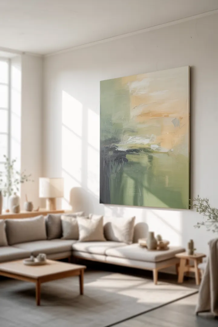 Leinwandbild als großflächiger Wandakzent ohne Glasreflexion, passend zur Möbelbreite, um über Sofa oder Sideboard eine klare Zone zu schaffen.