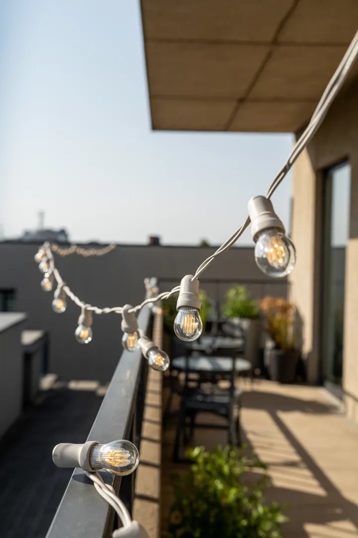 Balkon-Lichterkette als wetterfeste Stimmungbeleuchtung draußen, sicher befestigt und windstabil für gemütliche Abende auf dem Balkon.