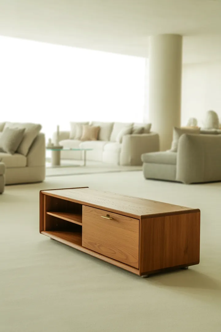 Lowboard als niedriges Medienmöbel, das Technik verstaut und eine aufgeräumte TV-Zone mit Kabelmanagement schafft.