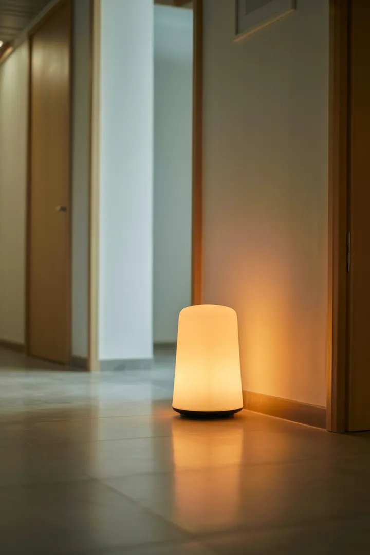 Nachtlicht als dezentes Orientierungslicht für Flur oder Schlafzimmer, ideal warmweiß und niedrig platziert, um nachts sicher zu gehen ohne wach zu werden.