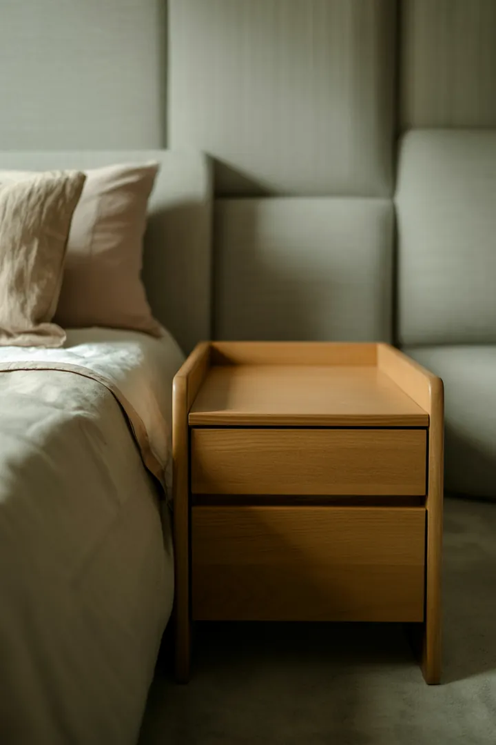 Schmaler Nachttisch für enge Schlafzimmer, der eine klare Ablage am Bett schafft, ohne Laufwege durch Tiefe zu blockieren.