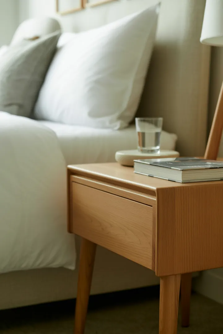 Nachttisch als griffbereite Ablage am Bett, ideal in passender Höhe zur Matratze und mit Stauraum für Kleinteile und Kabel.