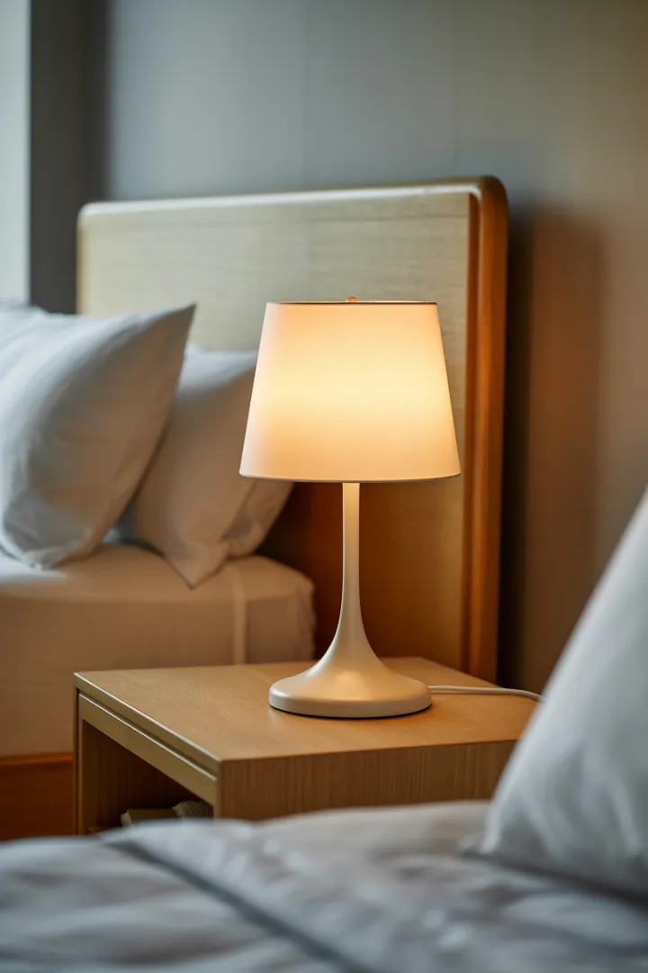 Nachttischlampe als warmes, idealerweise dimmbares Licht am Bett, gut erreichbar und blendfrei für Lesen und nächtliche Orientierung.