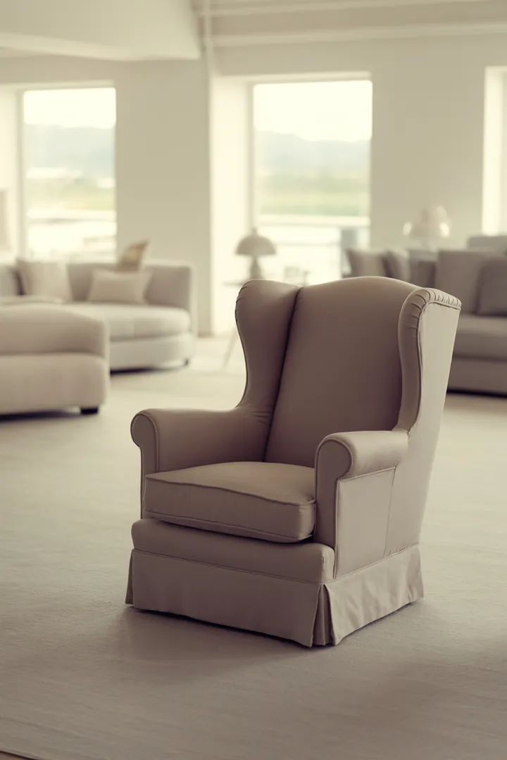 Ohrensessel als abgeschirmter Leseplatz mit hoher Rückenlehne für mehr Ruhegefühl im Wohnzimmer.