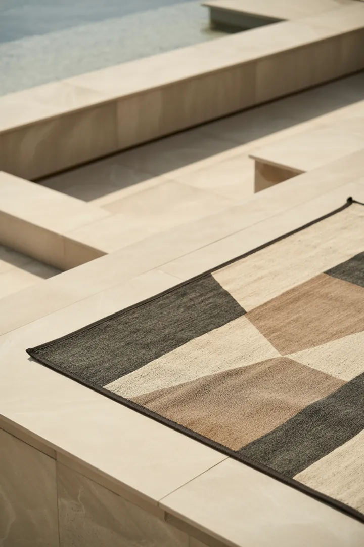 Outdoor-Teppich als wohnliches Element für Balkon oder Terrasse, ideal flach, UV-beständig und schnelltrocknend, damit er draußen hygienisch bleibt.