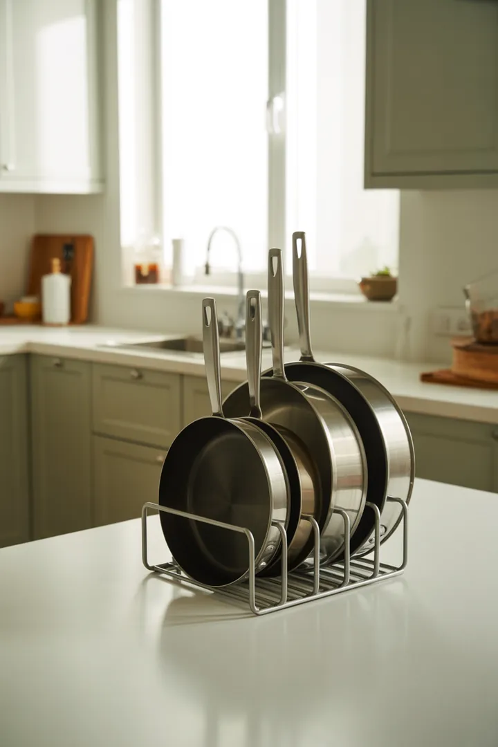 Pfannen-Organizer als Schutz gegen Kratzer und Stapelchaos, ideal vertikal passend zur Schrankhöhe, damit Pfannen schnell greifbar bleiben.