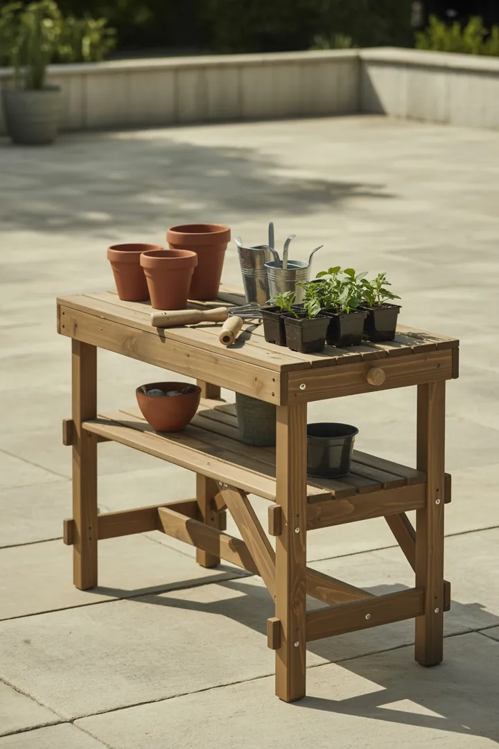 Outdoor-Pflanztisch als robuste Arbeitsfläche zum Umtopfen und Sortieren von Werkzeug auf der Terrasse.