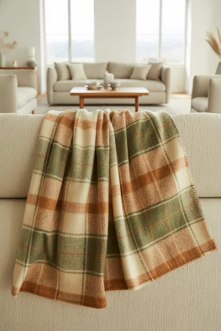 Plaid als leichter Überwurf für Sofa oder Sessel, verbindet Farben und bringt Struktur, ohne viel Platz zu brauchen.