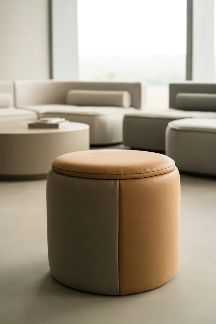 Pouf als flexible Zusatzsitzfläche und Fußablage, schnell umstellbar und platzsparend in kleinen Wohnbereichen.