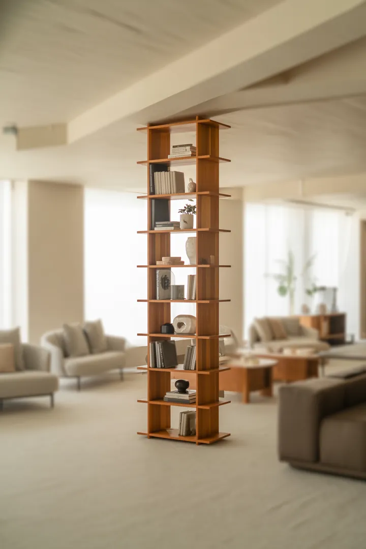 Hohes Regal als vertikaler Stauraum, der Bodenfläche spart und viel Platz für selten und häufig Genutztes schafft.