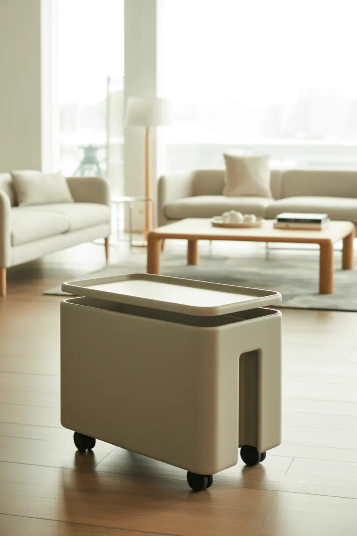 Rollcontainer als mobiler Schubladen-Stauraum am Arbeitsplatz, passend fürs Homeoffice im Wohnraum und schnell wegrollbar.