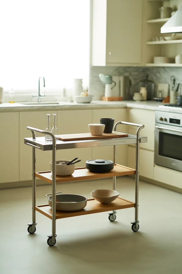 Rollwagen Küche als verschiebbarer Stauraum für häufig genutzte Dinge, stabil und sicher nur mit Bremsrollen und ausreichenden Ebenenabständen.