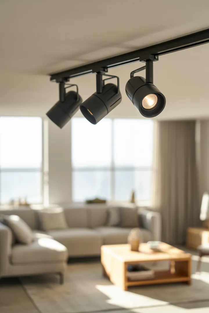 Schienenbeleuchtung als flexibel ausrichtbares System, um mehrere Zonen gezielt zu beleuchten und Leuchtenpositionen bei Bedarf zu verändern.