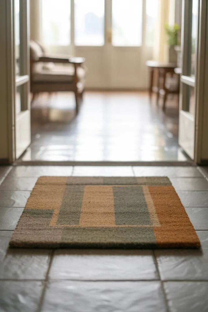Schmutzfangmatte als Bodenschutz im Flur, rutschfest und groß genug für mehrere Schritte, damit Schmutz und Nässe nicht weiter in die Wohnung getragen werden.