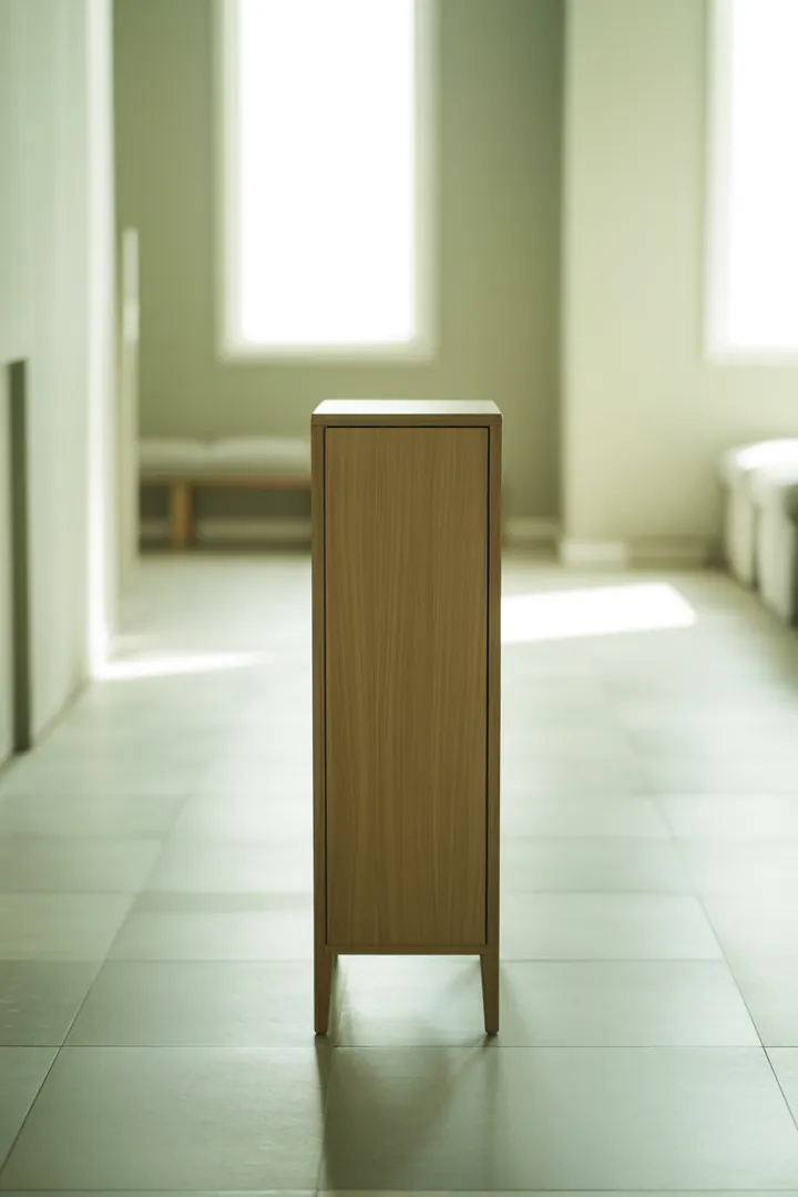 Schmaler Schrank als geschlossener Stauraum für Nischen, der den Durchgang schont und optisch Ruhe schafft.