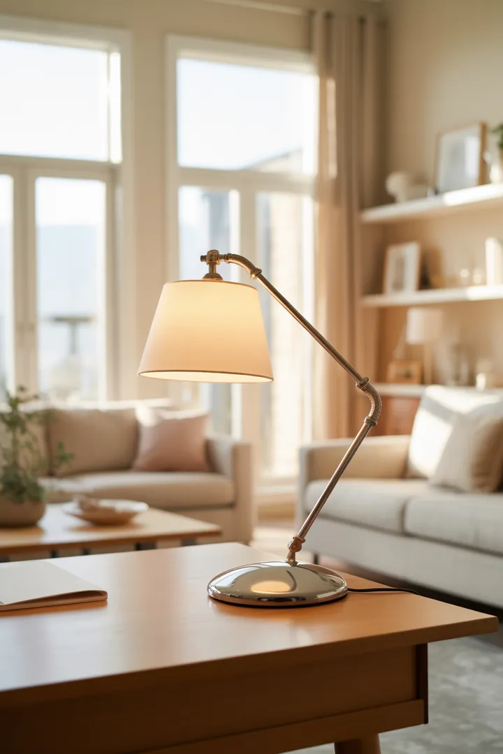 Schreibtischlampe als blendfreies, verstellbares Arbeitslicht, ideal dimmbar und stabil, um den Arbeitsplatz ergonomisch auszuleuchten.