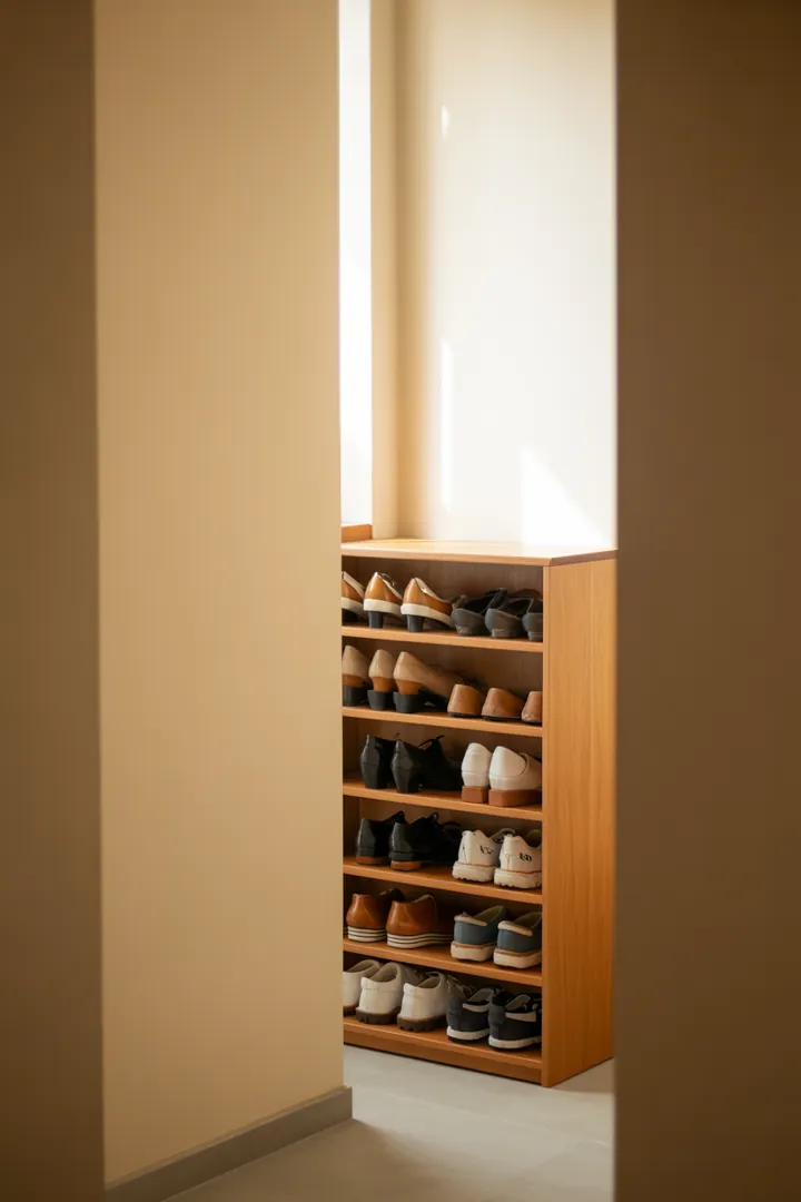 Schmaler Schuhschrank für den Flur, der Schuhe platzsparend verstaut und Laufwege frei hält in wenig Tiefe.