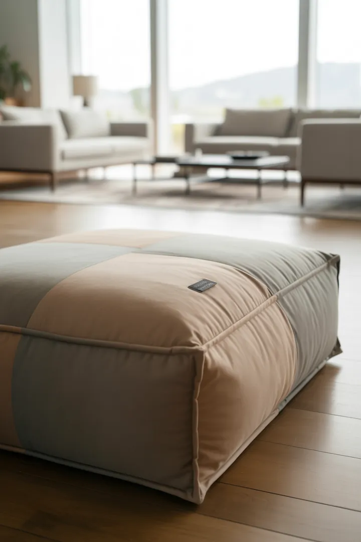 Großes Sitzkissen als flexible Zusatzsitzfläche im Wohnzimmer, waschbar und schnell verstaubar bei wenig Platz.