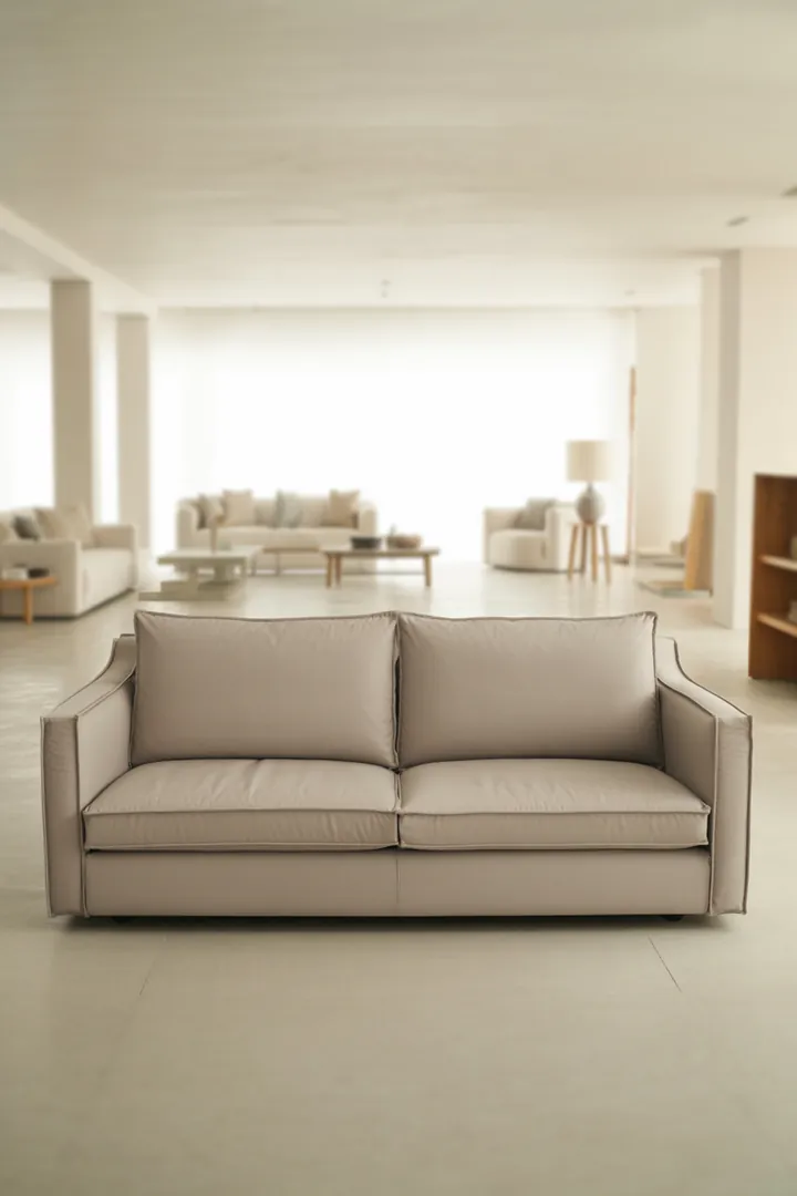 Kompaktes 2-Sitzer Sofa für kleine Wohnräume, das Laufwege frei hält und eine Sitzzone definiert.