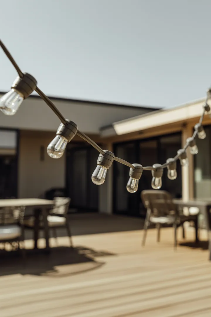 Solar-Lichterkette als Licht ohne Steckdose, mit Solarpanel an sonnigem Platz für automatische Abendbeleuchtung draußen.