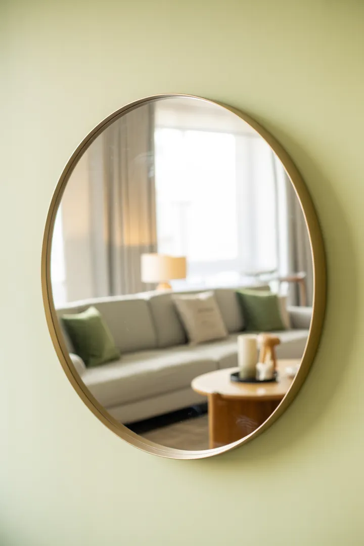 Runder Spiegel als weicher Akzent, der Licht reflektiert und über Konsole oder Sideboard eine ruhige Zone im Raum schafft.