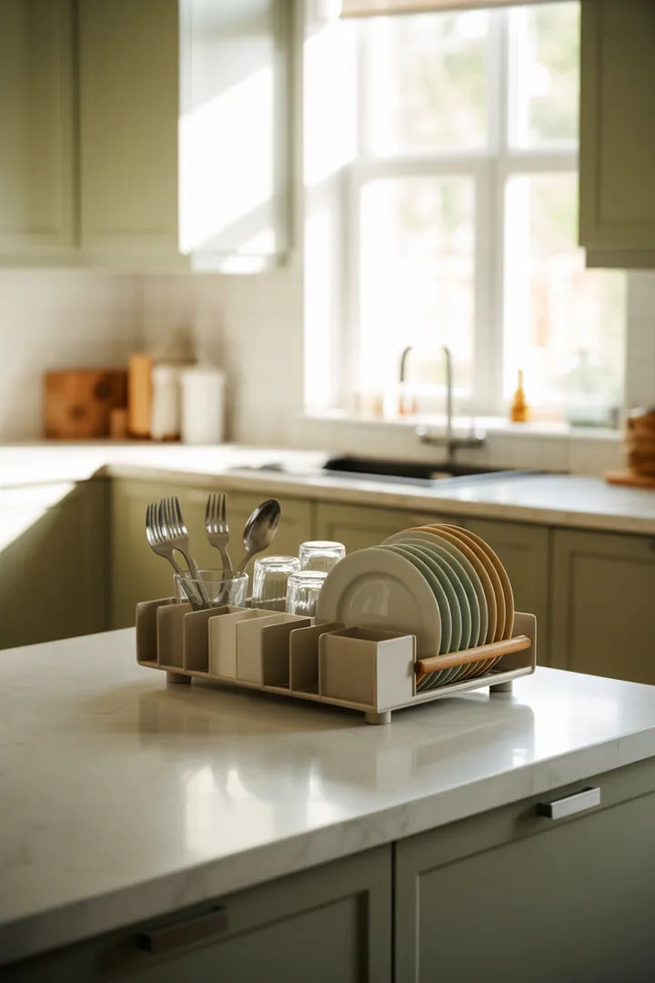 Spülorganizer als feste Ablage für Spülzeug, hygienisch nur mit Wasserablauf und leicht zu reinigenden Fächern, damit nichts dauerhaft nass steht.