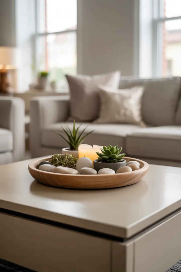 Deko-Tablett als Ordnungsrahmen, der kleine Dinge zu einer ruhigen Gruppe bündelt und Putzen erleichtert, weil alles schnell weggehoben werden kann.