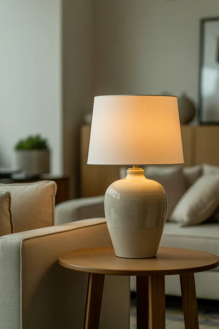 Tischlampe als weiches Akzentlicht auf Möbeln, um abends gemütliche Zonen zu schaffen und harte Schatten der Deckenleuchte zu reduzieren.