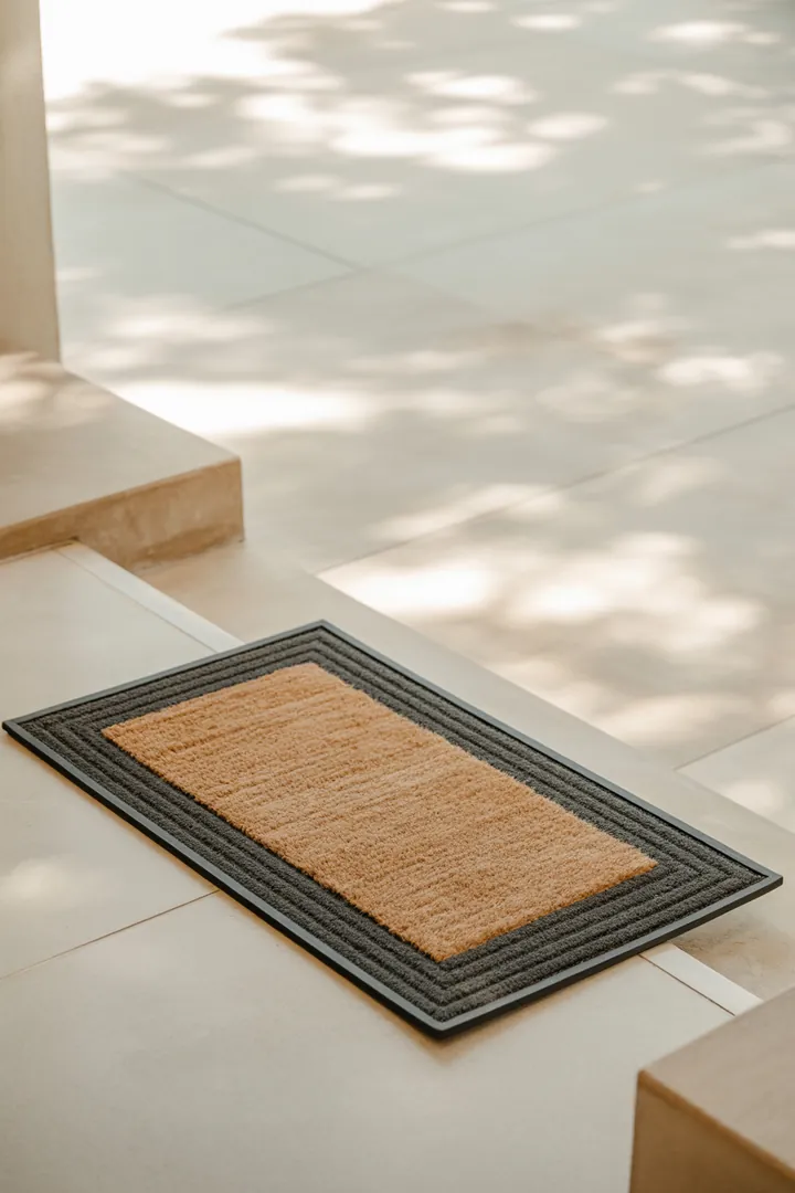 Outdoor-Türmatte als robuste, wetterfeste Schmutzbarriere vor der Tür, rutschfest und so konstruiert, dass Wasser ablaufen kann und sie bei Wind liegen bleibt.