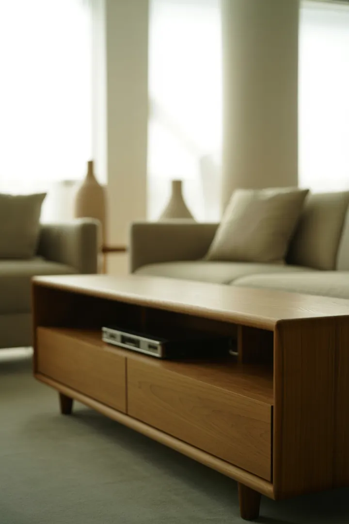 TV-Board als Medienmöbel für Technik und Zubehör, mit Fokus auf Kabelmanagement und eine ruhige TV-Zone.