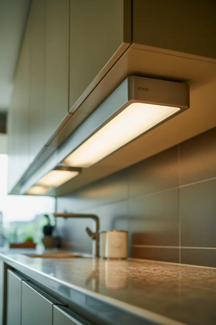 Unterbauleuchte in der Küche als direktes Arbeitsplattenlicht, das Schatten verhindert und durch wischfeste, gut erreichbare Bedienung alltagstauglich bleibt.